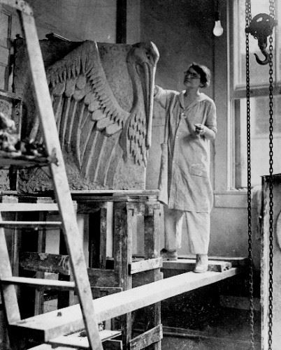 Angela Gregory working on pelican sculpture